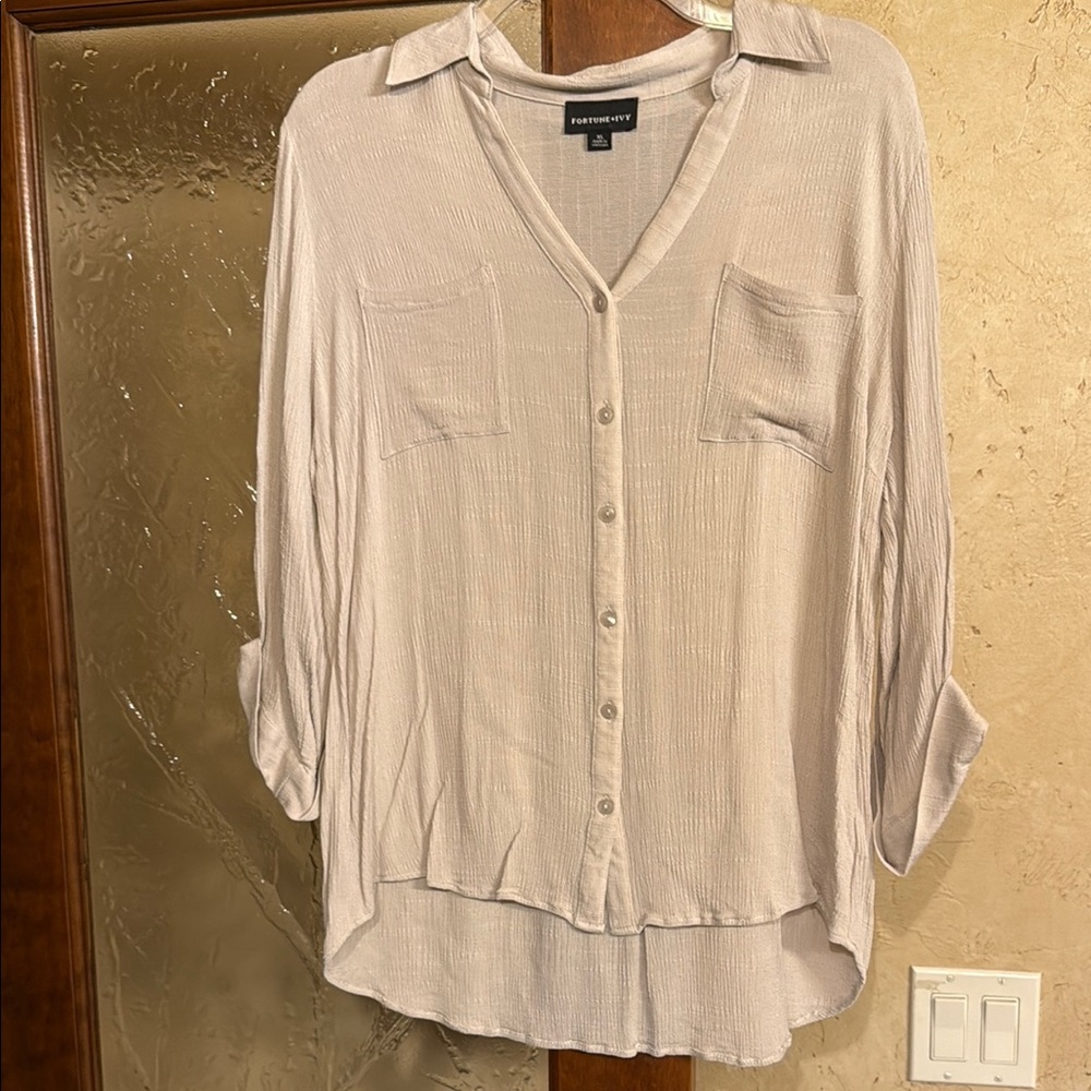 Tan and Cream Relaxed Notched Collar Button Down Shirt